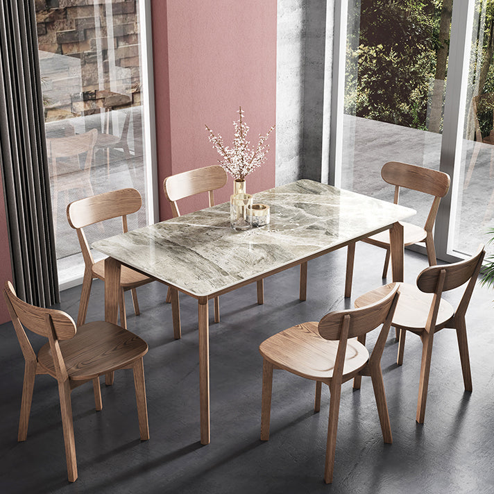 Rectangle Mid-Century Modern Dining Table Sintered Stone Table with 4 Solid Wood Legs
