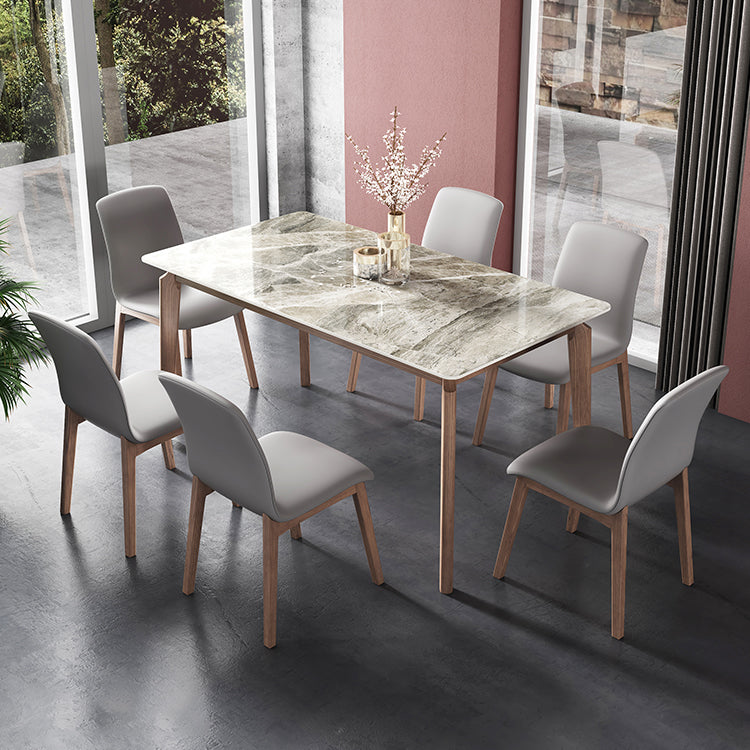 Rectangle Mid-Century Modern Dining Table Sintered Stone Table with 4 Solid Wood Legs
