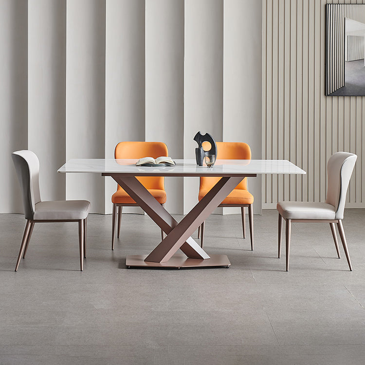 Mesa de comedor de lujo tradicional mesa de piedra sinterizada blanca con marco de oro rosa