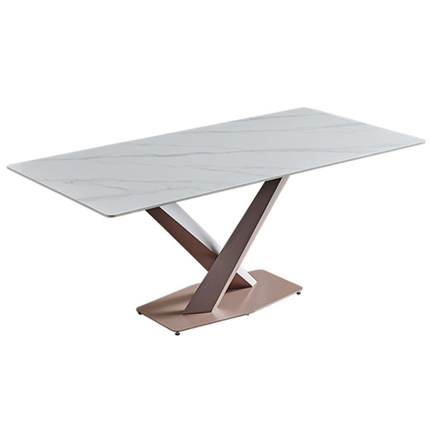 Mesa de comedor de lujo tradicional mesa de piedra sinterizada blanca con marco de oro rosa