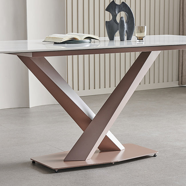 Mesa de comedor de lujo tradicional mesa de piedra sinterizada blanca con marco de oro rosa