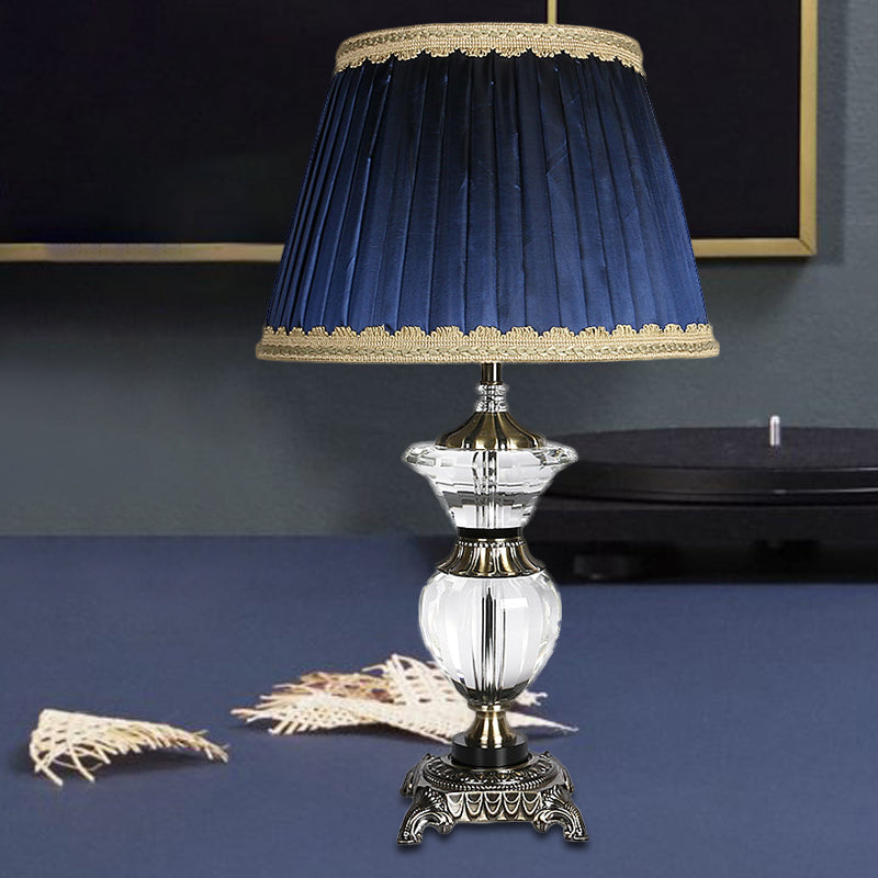 Tapered Drum Crystal Desk Light Contemporary Fabric 1 Head Night Table Lamp in Blue