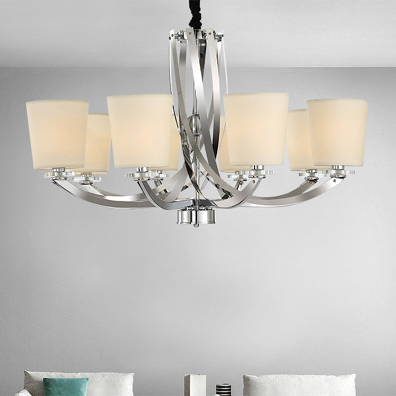 Silver Cylinder Chandelier Simple 6 Lights Iron Pendant Lighting Fixture with Fabric Shade