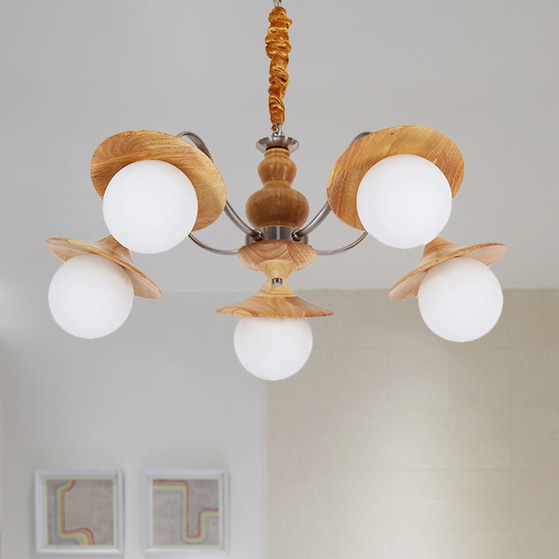 Modern Ball White Glass Chandelier 5 Lights Ceiling Pendant Fixture with Wooden Cap