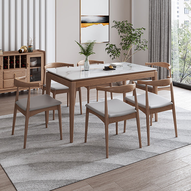 Rectangle Mid-Century Modern Dining Table White Sintered Stone Table with 4 Ash Solid Wood Legs