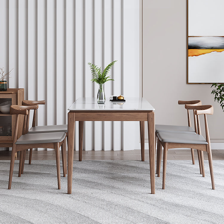 Rectangle Mid-Century Modern Dining Table White Sintered Stone Table with 4 Ash Solid Wood Legs