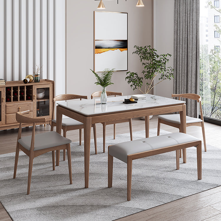 Rectangle Mid-Century Modern Dining Table White Sintered Stone Table with 4 Ash Solid Wood Legs
