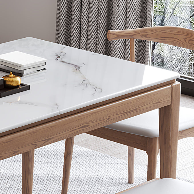 Rectangle Mid-Century Modern Dining Table White Sintered Stone Table with 4 Ash Solid Wood Legs