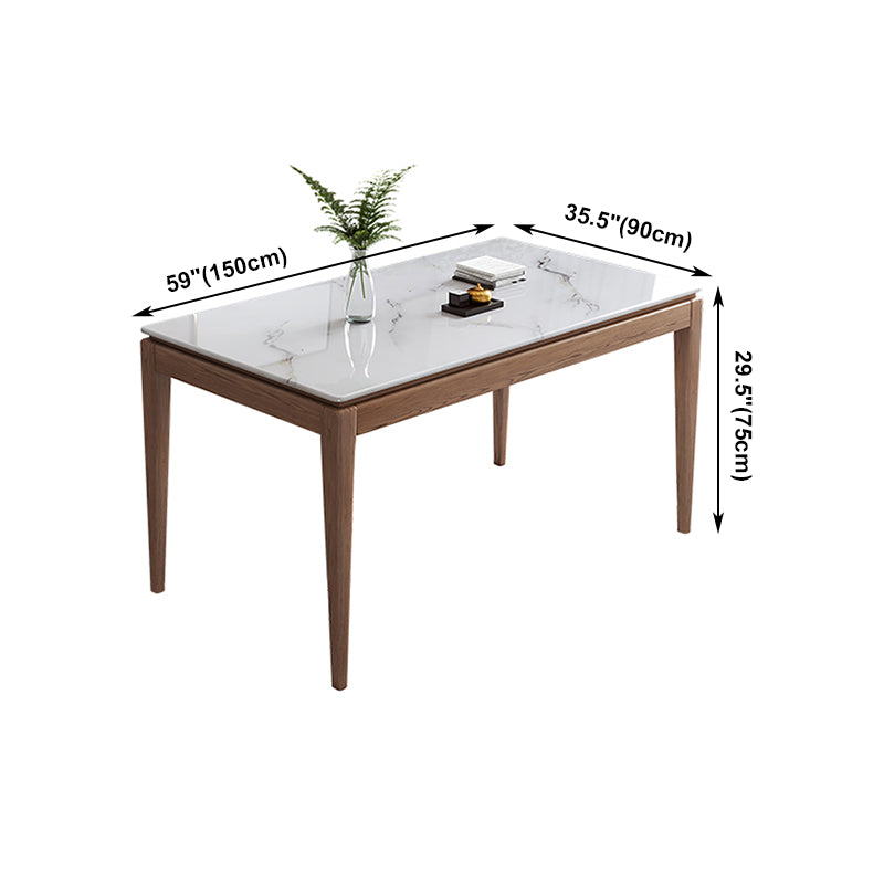 Rectangle Mid-Century Modern Dining Table White Sintered Stone Table with 4 Ash Solid Wood Legs