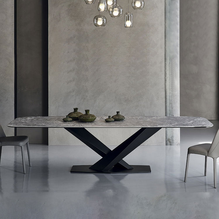 Rectangle Contemporary Dining Room Table Sintered Stone Table with Black Pedestal Base
