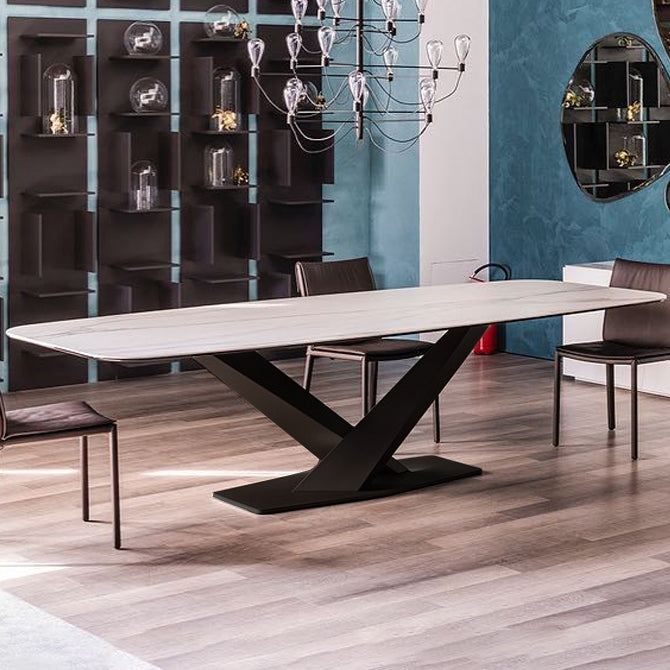 Rectangle Contemporary Dining Room Table Sintered Stone Table with Black Pedestal Base