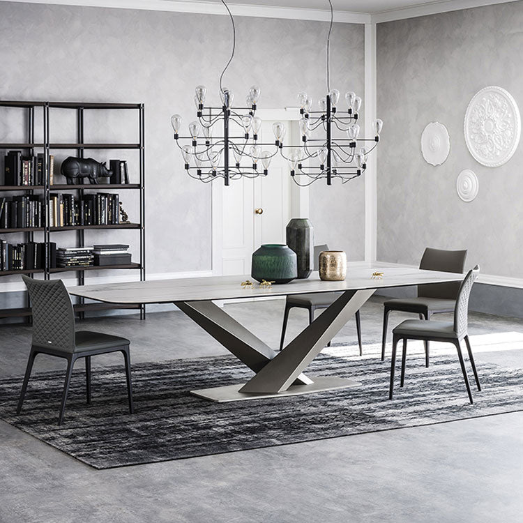 Rectangle Contemporary Dining Room Table Sintered Stone Table with Black Pedestal Base