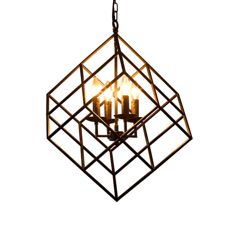 Metal Wire Square Chandelier Light Industrial 4 luces Black Hanging Techo Light para restaurante