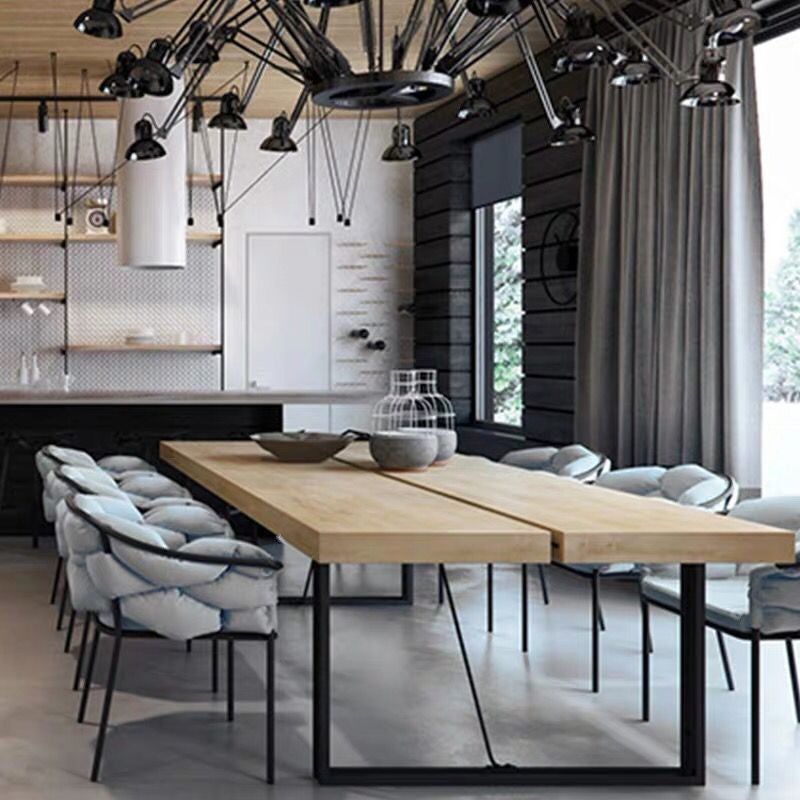 Mesa de comedor industrial rectangular Mesa de madera maciza de pino con pedestal doble negro