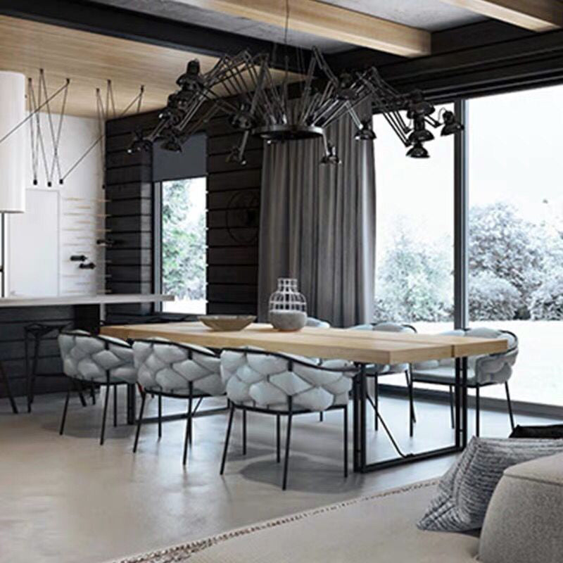 Mesa de comedor industrial rectangular Mesa de madera maciza de pino con pedestal doble negro
