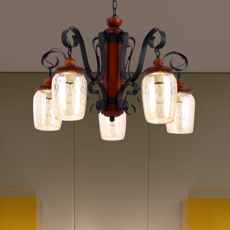 5 Lights Cylinder Ceiling Pendant Light with 27.5" Metal Chain Country Suspension Light in Black