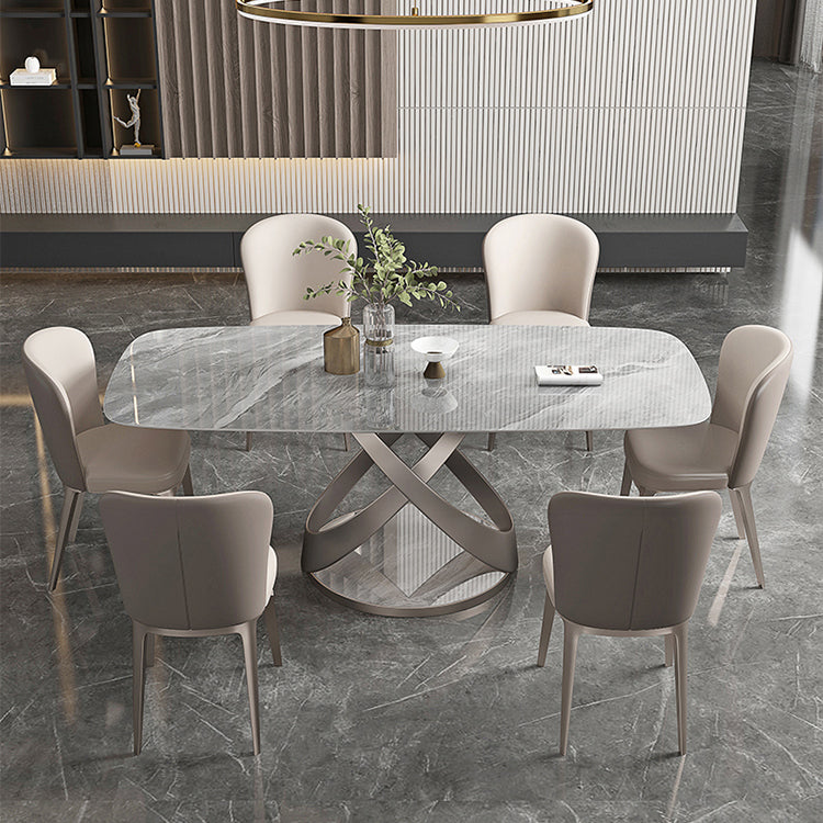 Mesa de comedor de lujo tradicional rectángulo gris mesa de comedor de piedra sinterizada con base de pedestal