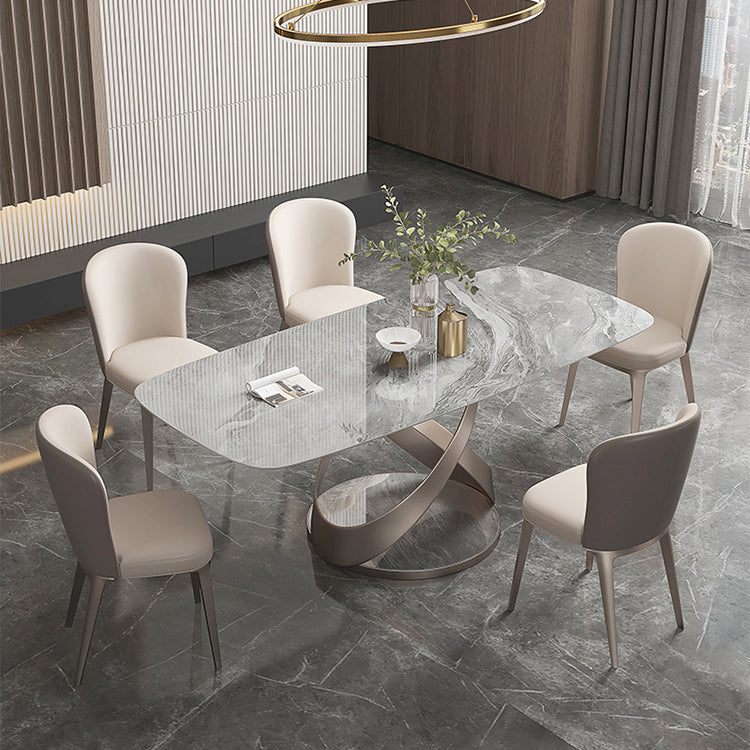 Mesa de comedor de lujo tradicional rectángulo gris mesa de comedor de piedra sinterizada con base de pedestal