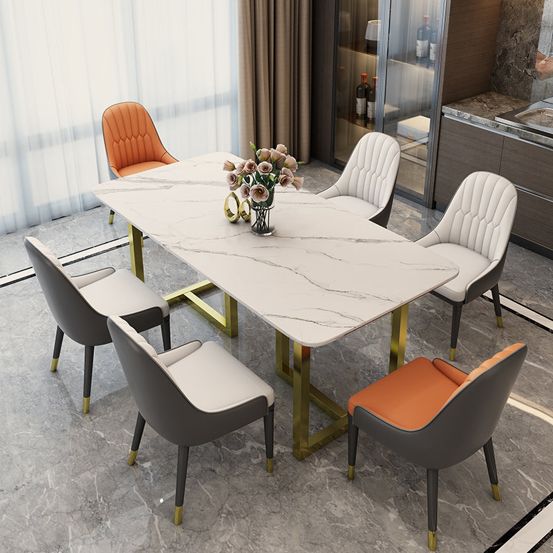Rectangle Traditional Luxury Dining Table White Sintered Stone Table with Gold Double Pedestal