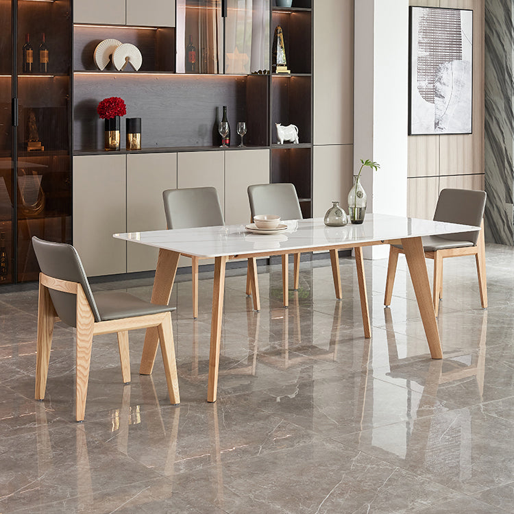 Rectangle Contemporary Dining Room Table White Sintered Stone Table with Ash Solid Wood Base