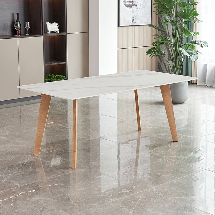 Rectangle Contemporary Dining Room Table White Sintered Stone Table with Ash Solid Wood Base