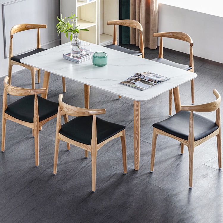 Mesa de comedor contemporánea rectángulo Mesa de piedra sinterizada blanca con base de madera maciza de cenizas
