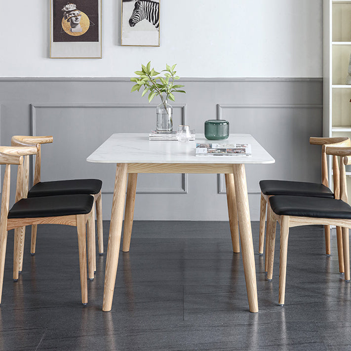 Mesa de comedor contemporánea rectángulo Mesa de piedra sinterizada blanca con base de madera maciza de cenizas