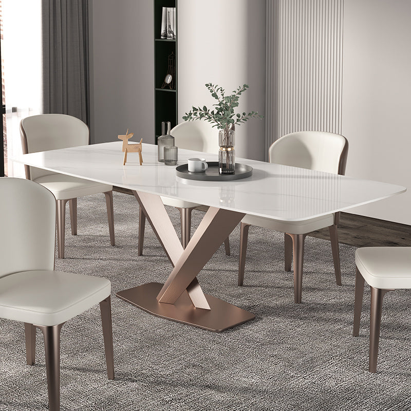 Traditional Luxury Dining Table Rectangle Sintered Stone Pedestal Table with Rose Gold Frame