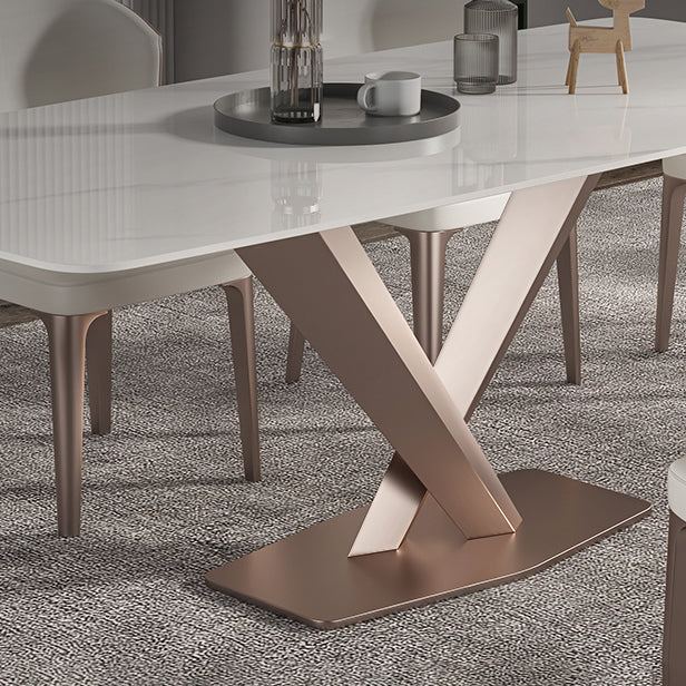 Traditional Luxury Dining Table Rectangle Sintered Stone Pedestal Table with Rose Gold Frame