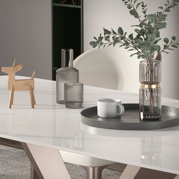 Traditional Luxury Dining Table Rectangle Sintered Stone Pedestal Table with Rose Gold Frame