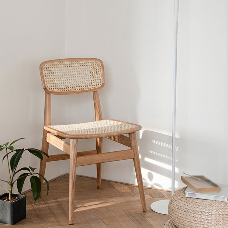 Silla de comedor de estilo escandinavo de ratán de madera, silla lateral de comedor con respaldo abierto