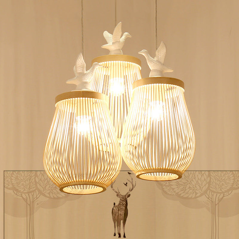 Cage en bois lampe suspendue moderne 1 tête bambou plafond pendentif léger avec oiseau blanc