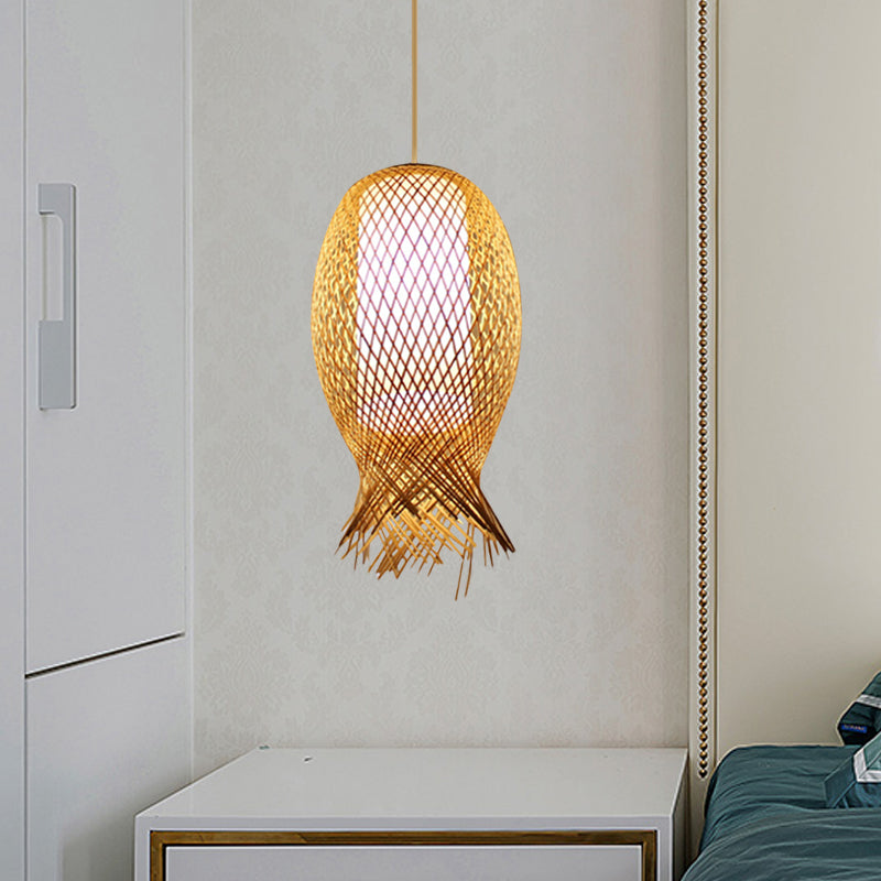 Colgante de suspensión de barril bambú retro 1 bulbo de madera kit de luz colgante con tono blanco cilíndrico interno