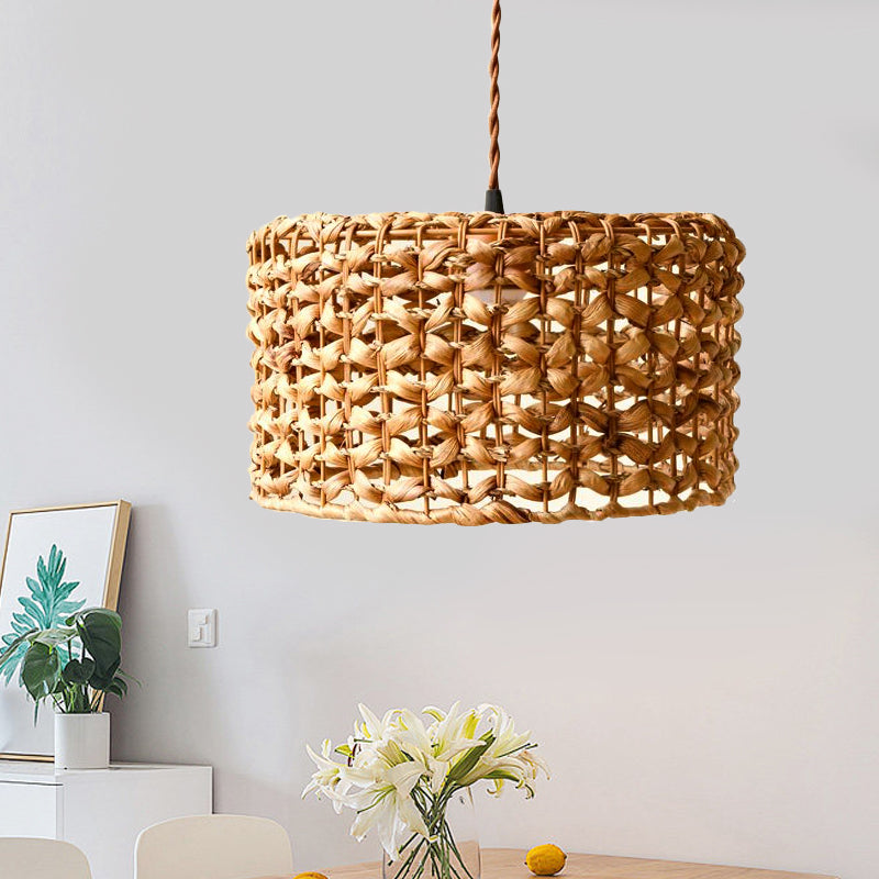 Éclairage pendentif à tambour marron Traditionnaire Ratant 1 Kit de lampe suspendue de l'ampoule pour salle à manger