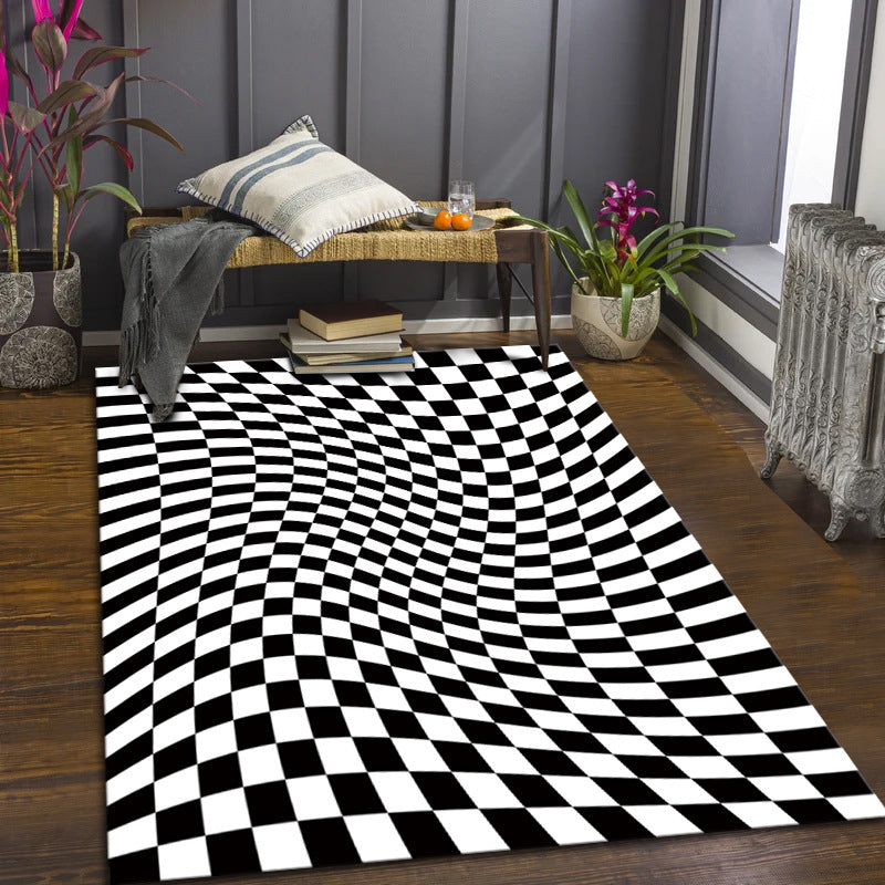 Black Modern Rug Polyester Grating Print Rug Stain Resistant Rug for Living Room