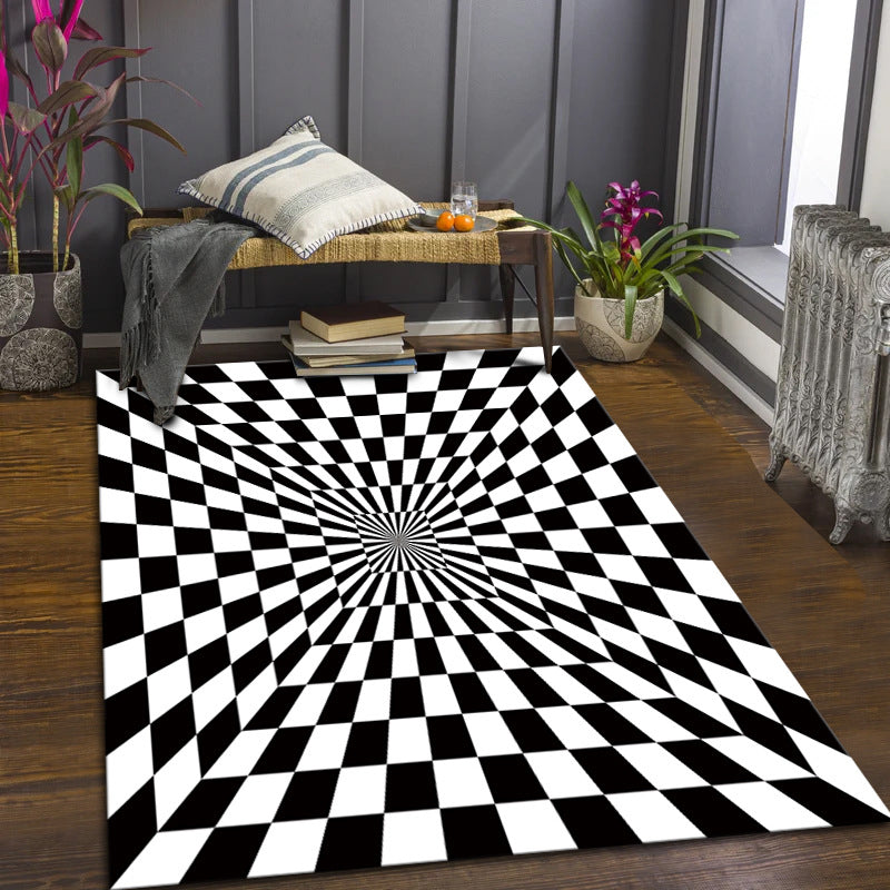 Black Modern Rug Polyester Grating Print Rug Stain Resistant Rug for Living Room