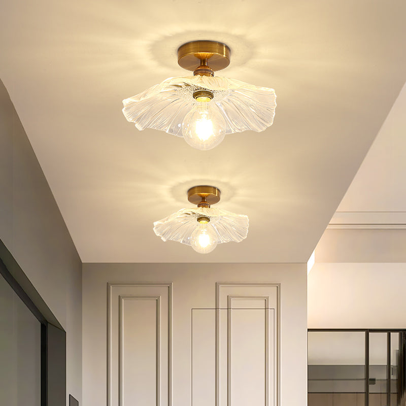 Modern Simple Lotus Shape Ceiling Lamp Copper 1 Light Ceiling Light with Glass Lampshade