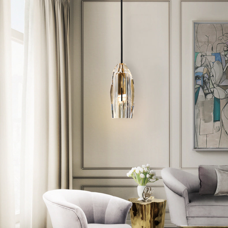 Modern Artistic Single Pendant Light Copper Geometric Hanging Lamp with Crystal Shade