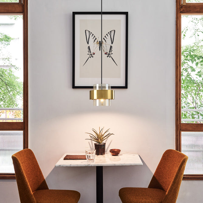 Modern Artistic Cylindrical Pendant Light Electroplate Metal Hanging Lamp with Glass Shade