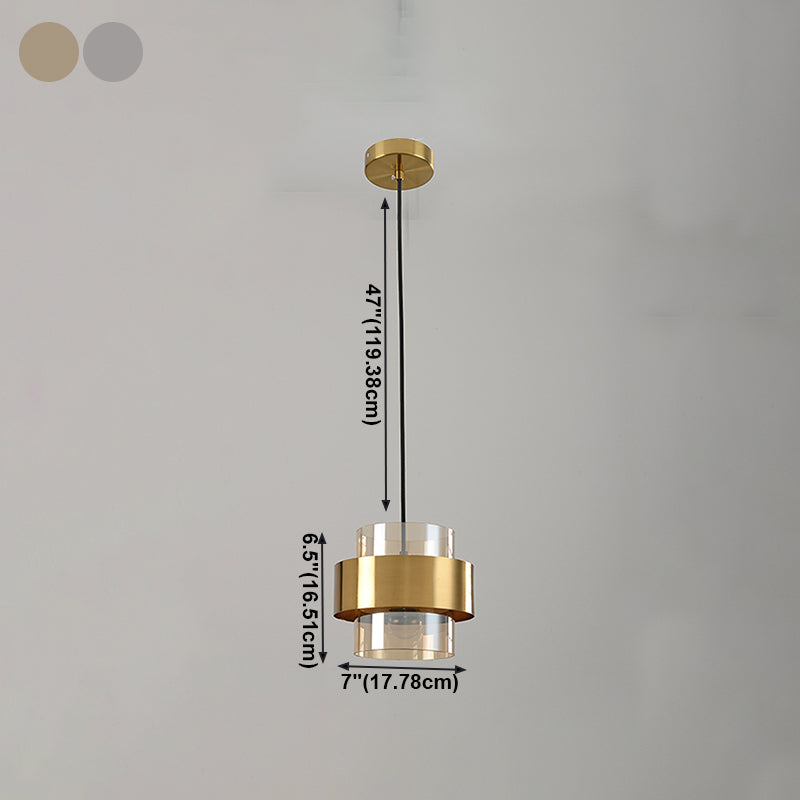 Modern Artistic Cylindrical Pendant Light Electroplate Metal Hanging Lamp with Glass Shade