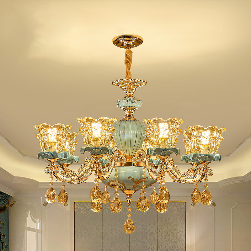 European Style Chandelier Metal Flower Shape Hanging Light with Crystal for Bedroom