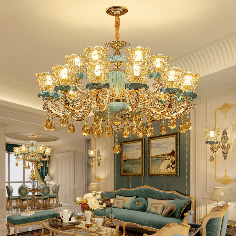 European Style Chandelier Metal Flower Shape Hanging Light with Crystal for Bedroom