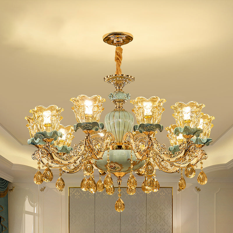 European Style Chandelier Metal Flower Shape Hanging Light with Crystal for Bedroom