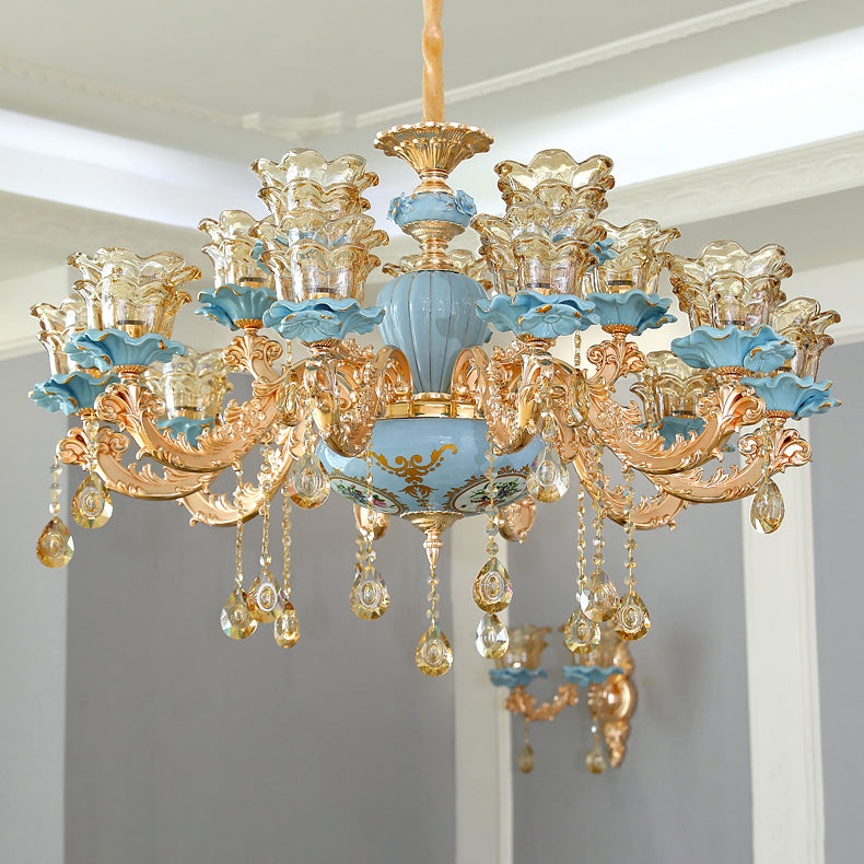 European Style Chandelier Metal Flower Shape Hanging Light with Crystal for Bedroom