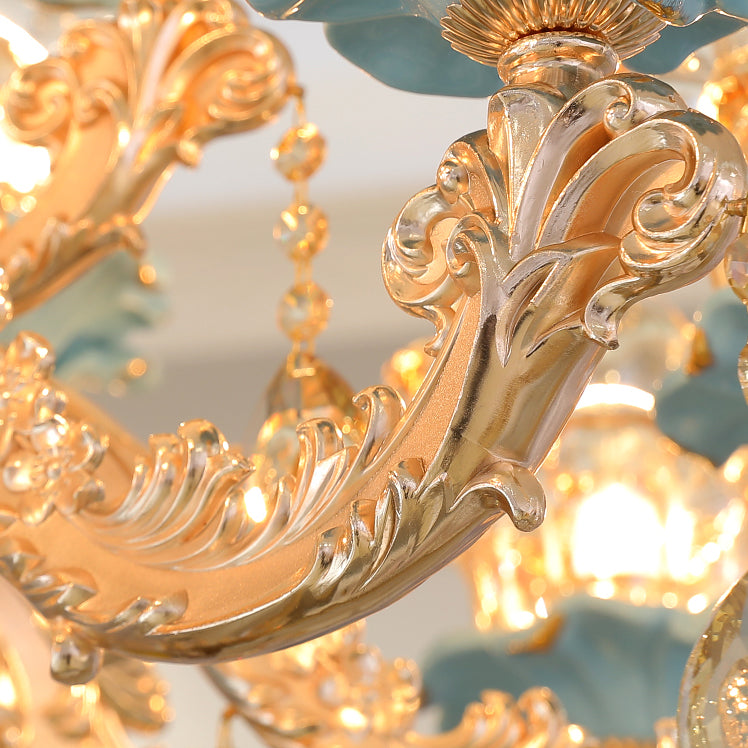 European Style Chandelier Metal Flower Shape Hanging Light with Crystal for Bedroom