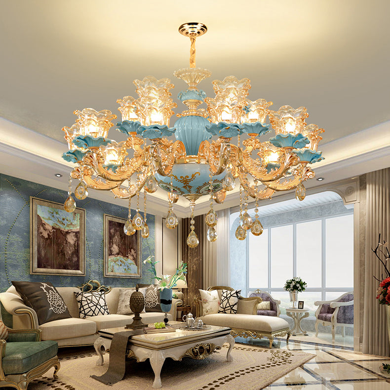 European Style Chandelier Metal Flower Shape Hanging Light with Crystal for Bedroom