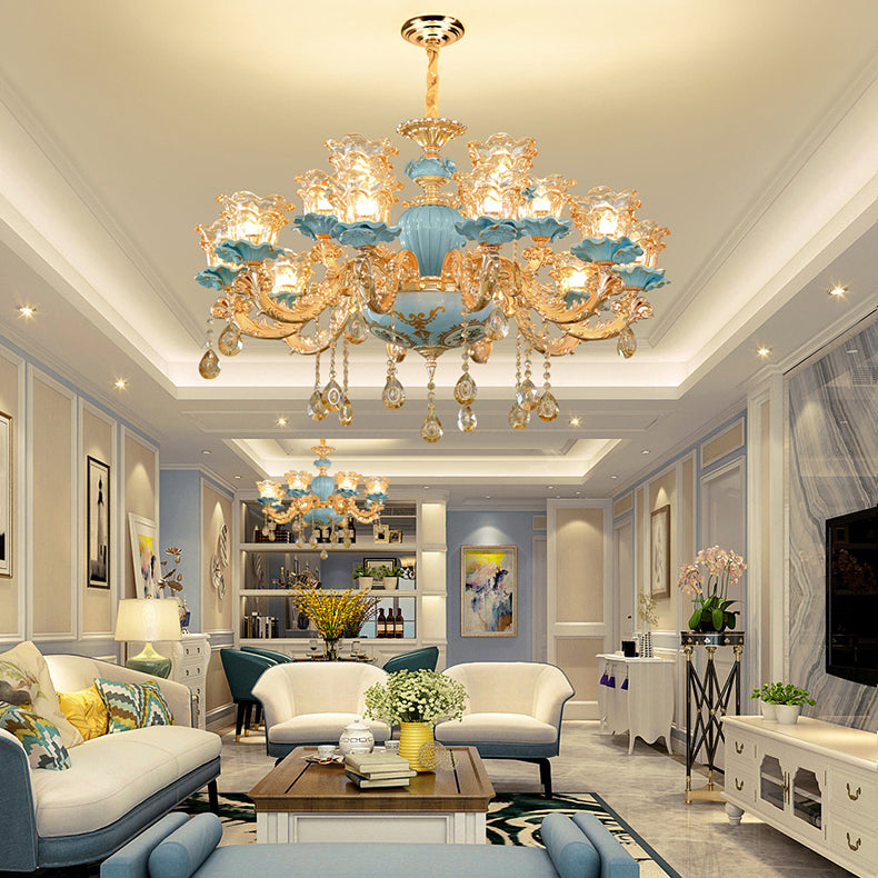 European Style Chandelier Metal Flower Shape Hanging Light with Crystal for Bedroom