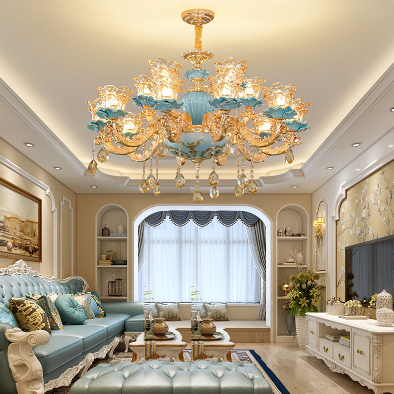 European Style Chandelier Metal Flower Shape Hanging Light with Crystal for Bedroom