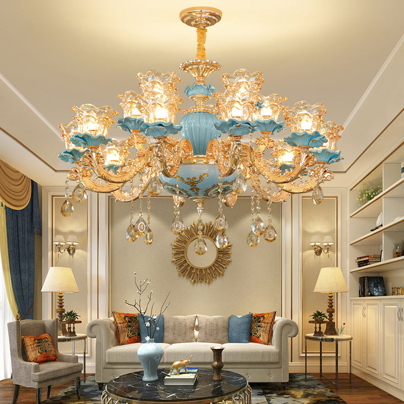 European Style Chandelier Metal Flower Shape Hanging Light with Crystal for Bedroom