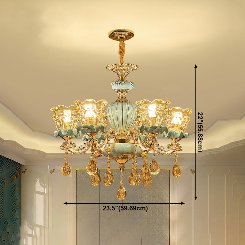 European Style Chandelier Metal Flower Shape Hanging Light with Crystal for Bedroom